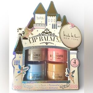 Nicole Miller Lip Balm Gift Set 4 Castle Flavored Mint Vanilla Almond Rose NIP